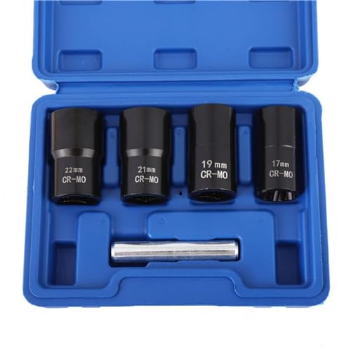 1/2” Drive Impact Bolt Nut Extractor Set, 5pcs Locking Wheel Lug Nut Remover Kit 17mm 19mm 21mm 22mm Twist Socket Tool Set Including a Punch Rod - size: 17-22mm 5pcs