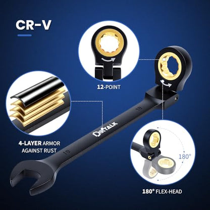 22-Piece Ratcheting Wrench Set with 180° Flex Head & Anti-Slip Design, Metric (6-18mm) and SAE (1/4-3/4") Combination Wrench Set, Professional Grade Chrome Vanadium Steel with Organizer Box