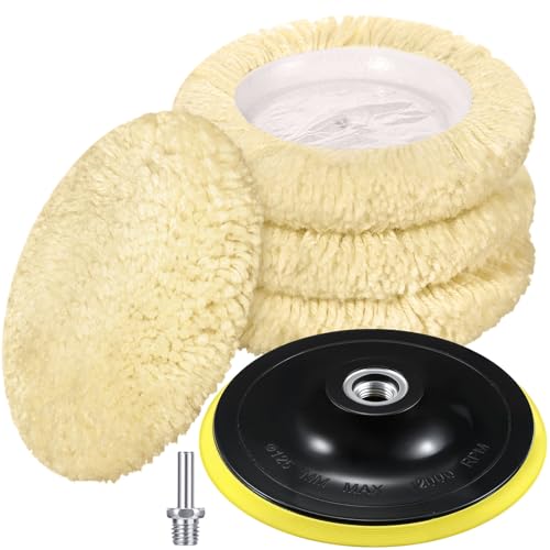 Tallew 6 Pcs 5 Inch Wool Buffing Polishing Pads Hook Loop Cutting Pads with Backing Plate for Car, Boat, Wood, Marble Surface Polishing & Scratch Removal (Original Color) - size: 5 Inch