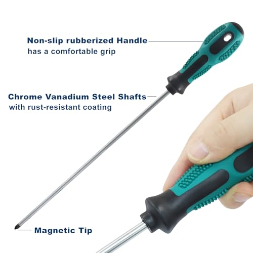 12-Inch Extra Long Slotted & Phillips Screwdriver Set, PH2 Magnetic Tip Flat Blade Cross-head Screwdrivers with Green Rubber Handle (2-Pack) - size: Slotted & Phillips (Green)