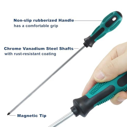 12-Inch Extra Long Slotted & Phillips Screwdriver Set, PH2 Magnetic Tip Flat Blade Cross-head Screwdrivers with Green Rubber Handle (2-Pack) - size: Slotted & Phillips (Green)