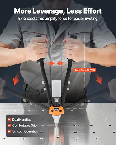 VEVOR Pop Rivet Gun Kit, with 230 Blind Rivets, Two-Handed Riveter with 5 Interchangeable Nosepieces, 5 Drill Bits, and a Carrying Case, Manual Riveting Tool for Metal, Automotive, Home, and DIY - size: 16", style: RIVET GUN