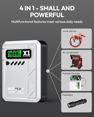 YESPER Jump Starter with Air Compressor 2000A 150PSI Battery Jumper Starter Portable(8L Gas/6L Diesel), 12V Car Jump Pack Battery Charger Jump Box with Jumper Cables, LCD Display, Lights(Grey) - color: Grey