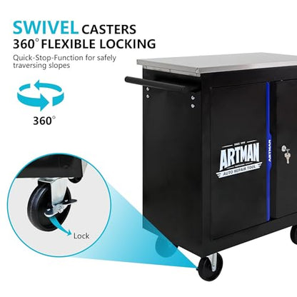 1 Cabinet Heavy Duty Rolling Tool Chest, Lockable Mobile Metal Tool Cart with Stainless Steel Worktop, Garage Tool Storage Cabinet for Workshop Auto Repair, Black & Blue, 30.7" H × 25.9" W - size: 1 Cabinet