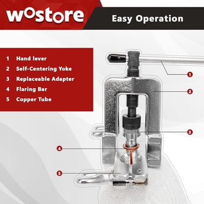 Wostore Flaring & Swaging Tool Kit, 45° HVAC Brake Line, 11-Pc, 1/8-3/4" | 45° single flare & swage for HVAC, refrigeration & brake lines. 11-pc: tube cutter, ratchet wrench, carry case. 1/8 to 3/4"