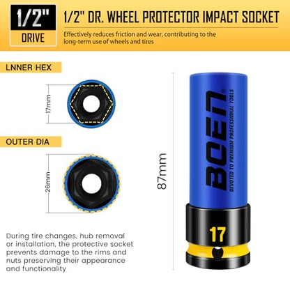 BOEN 17mm 1/2" Drive Wheel Protector Impact Socket, Non-Marring Thin Wall Wheel Protector Nut Socket, Color-Coded, Embossed and Painted Marking, CR-MO Steel - style: 17MM