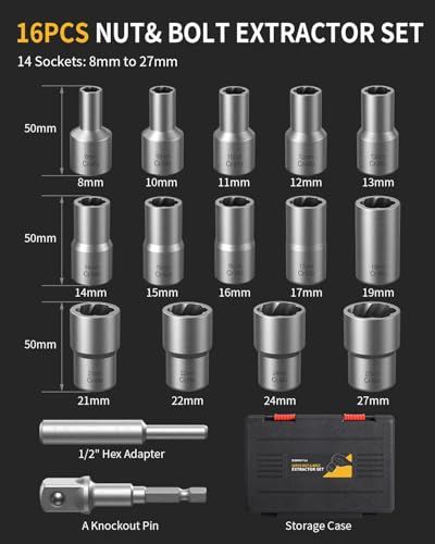 16Pcs Bolt Extractor Kit, 1/2" Drive Impact Lug Nut Removal Tool, Stripped Bolt Extractor for Removing Damaged, Frozen, Rusted, Rounded-Off Bolts & Nuts, Industrial Grade Cr-Mo Steel - size: 16Pcs