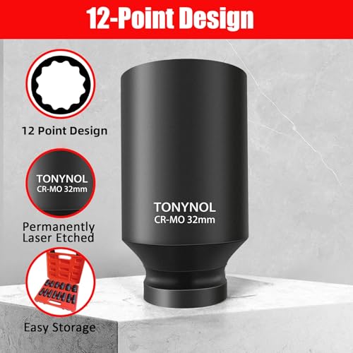 TONYNOL 1/2 Inch Deep Drive Impact Socket Set,12-Point,SAE(3/8" to 1-1/4"),14 Pcs,Cr-Mo Steel,With a Storage Case - size: 1/2" 14PC Deep SAE (9.5-32mm), style: 12-Points