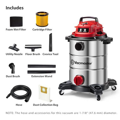 Vacmaster VOC812SF 1101 8-Gal 6 Peak HP Stainless Steel Wet/Dry Vac Red - size: 8 Gal