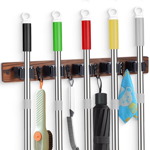 FunCee Broom Holder Wall Mount With 5 Slots & 4 Hooks，Rustic Wood Broom & Mop Hanger，Wall Mounted Garden & Garage Tool Storage Organizer Rack for Closet Laundry Room or Kitchen Wall Decor - color: Brown