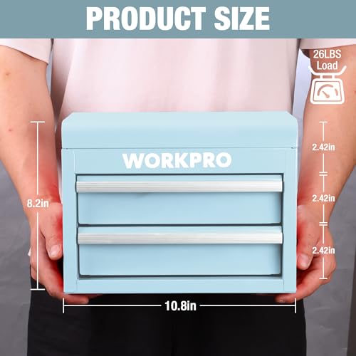 WORKPRO Metal Mini Tool Box with 2 Drawers and Top Storage | Cold Rolled Steel Toolbox, Ball Bearing Slides, PVC Drawer Liners, PP Feet Pads, Durable Storage - color: Macaron Blue