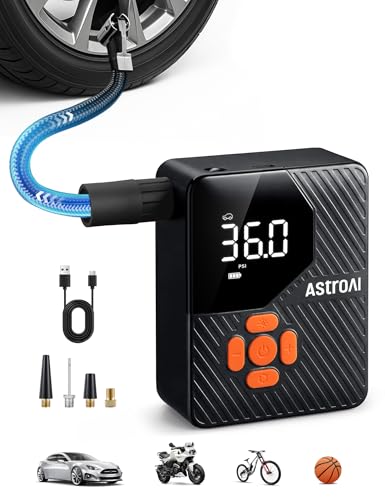 AstroAI 150 PSI Tire Inflator Portable Air Compressor L7 Mini | Fast Inflation, Cordless, Air Pump with LED Light &Pressure Gauge, Auto Shut-Off, for Cars, Motorcycle, Bicycle, Ball, Orange - color: Orange
