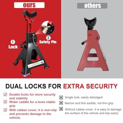 6 Ton Jack Stands (13,200Lbs) - Heavy Duty Car Jack Stands with Double Pin Locking, Adjustable 15.6"-23.4" Height, Extra Rubber Pads for Trucks, Garage, Home,DIY Use - 1 Pair Black+Red - color: Black+Red, size: 6 Ton Double Locking