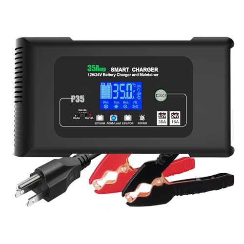 Battery Charger 0-35A,12V&24V Lithium Battery Charger for LiFePO4,Lead Acid,AGM,RV,Marine,Boat, and Deep Cycle Batteries,9 Stage with Pulse Repair,Smart Car Trickle Charger & Maintainer - color: Black