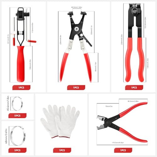 4Pcs Hose Clamp Pliers Set, CV Boot Clamp Pliers, C Clip Pliers with 10psc Hose Clamps and Gloves