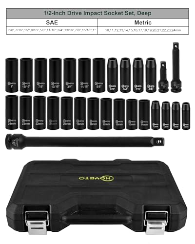 29-Piece 1/2" Drive Impact Socket Set, SAE (3/8 to 1 inch) and Metric (10-24mm) Sizes with Extension Bars Standard Deep Socket Set CR-V Material High Durability Impact Wrench - style: SS-D12-29PC