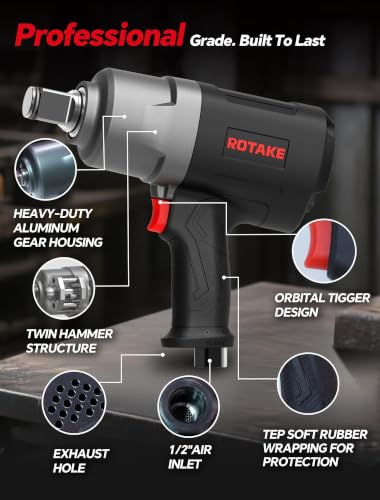 ROTAKE 1" Air Impact Wrench, 1556 ft-lbs, Twin Hammer, RT-5572 | 5600 RPM Speed, Heavy-Duty Aluminum Hammer Case, 9.02-lb Composite Body, 3-Speed Control, Semi-Trailers & Heavy Equipment - size: 1" (1556 ft-lbs)RT-5572
