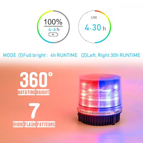 LED Wireless Rotating Beacon Battery Strobe Warning Light Red Blue | Hazard Flash Emergency Safety Roof Top Lights Magnetic Base Mount and Rechargeable Portable For Plow Tractor UTV Golf Cart - color: Red/Blue
