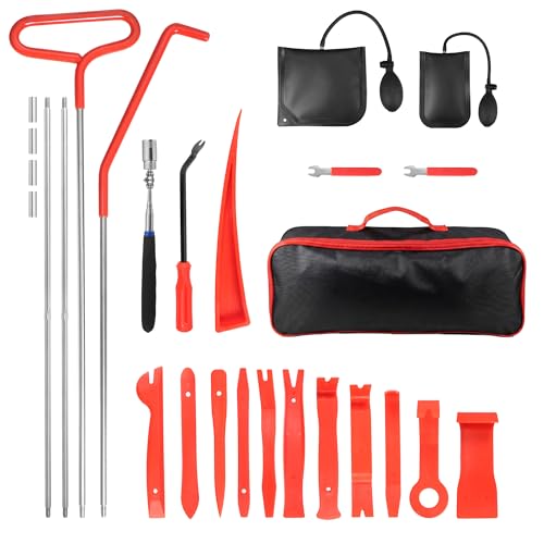 26PCS Car Tool Kit with Long Reach J-Hook, Telescoping Magnetic Pickup Tool with Light, Trim Removal, Air Wedge Bag for Minor Repairs of Car, Home etc.