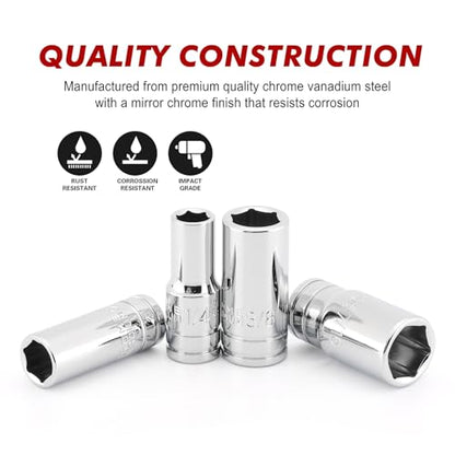 CASOMAN 10PCS 1/4"Drive 6 Pt. Mid-Length Socket Set, SAE, 3/16" to 9/16", Mirror Chrome Finish - size: 1/4"Dr., Mid-Length, 4.8 to 14.3mm