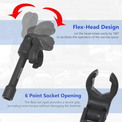 6PCS Long Flex Head Crows Foot Line Wrench Set with 3/8" Drive, Diesel Injector Fuel Line Sockets Wrench Set, Metric Crowfoot Wrenches for 12/14/16/17/18/19mm Nuts with 180° Flexible Head - size: 6pcs