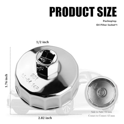 65-64mm Oil Filter Wrench,14 Flute Car Oil Filter Removal Tool Driven by 1/2" Tool,Non-slip Car Oils Filters Tools Automotive Tools Compatible with Honda Nissan Acura