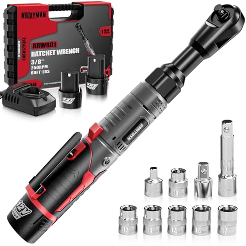 Alloyman 3/8" Cordless Ratchet Wrench Set, 60FT-LBS(80N.m) Electric Ratchet, 12V Extended Power Socket Wrench Set with Variable Speed, 6 Sockets, LED Light, 1/4" Adapter,1/2" Adapter,2 Batteries