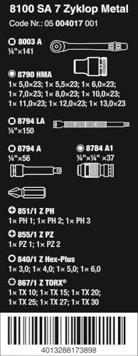 Wera 05004017001 8100 SA 7 Zyklop Metric Metal Ratchet Set with Push-Through Square, 28 Piece, 1/4" Drive