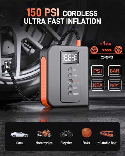 10000 amp Jump Starter with Air Compressor for Car, Battery Portable Power Pack 150PSI Tire Inflotor, USB Charge, LED Light, for All Gas and Up to 8L Diesel Engines Jumper Box