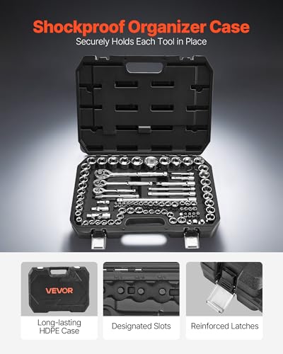 VEVOR Socket Set, 86 Pieces, 3/8 & 1/4 & 1/2 inch Drive Socket and Ratchet Set, SAE and Metric, Mechanic Tool Kit with Ratchet Wrench, Accessories and Storage Case, CR-V Alloy Steel, for Auto Repair - size: 1/4"&3/8"&1/2", style: 86 PCS