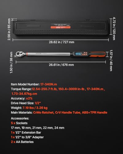 VEVOR Torque Wrench Set 1/2" Drive Digital Torque Wrench 4 Display Units, ±2% Accuracy, LCD Screen, with Buzzer and LED Indicator, with Sockets, Extension Bar, Adapter, for Automotive Repair