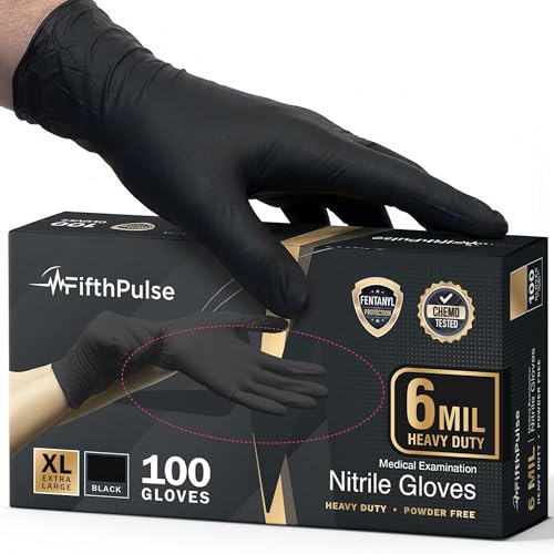 FifthPulse 6 Mil Black Nitrile Gloves, Heavy Duty Mechanic and Food Grade Glove - Powder-Free, Latex-Free Medical Exam Gloves - style: X Large