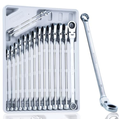 toolant 16PCS Extra Long Ratcheting Wrench Set, Gift for Men, Flex Head & Offset Fixed Head Double Box End Ratcheting Wrench Set, CR-V Steel, Metric 8-19mm & 21-24mm, with Storage Tray - size: 16 PCS (8-19 mm & 21-24 mm)
