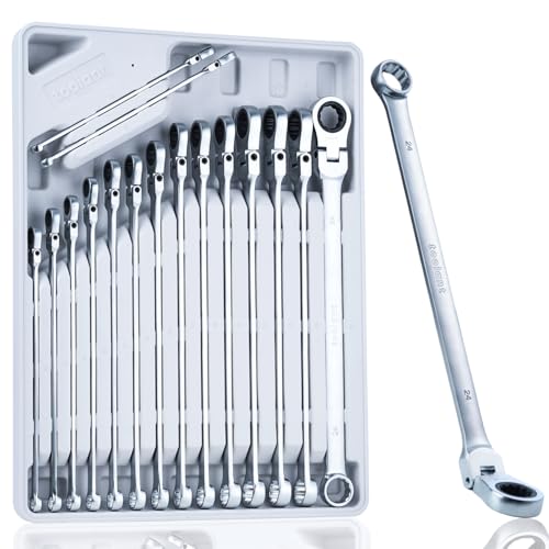 toolant 16PCS Extra Long Ratcheting Wrench Set, Gift for Men, Flex Head & Offset Fixed Head Double Box End Ratcheting Wrench Set, CR-V Steel, Metric 8-19mm & 21-24mm, with Storage Tray - size: 16 PCS (8-19 mm & 21-24 mm)