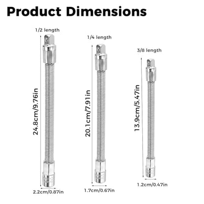 3pcs Flexible Shaft Socket Extension Extender Set, 1/4" 3/8" 1/2" Drive Bendable High Torque Chrome Vanadium Iron Extension Connecting Rods for Impact Wrench Automotive Repair & Tight Spaces Access - color: Silvery