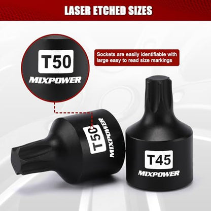MIXPOWER 10 Pieces 3/8" Drive Impact Torx Bit Sockets,T25-T70,Cr-Mo Impact Grade,Solid One Piece Construction