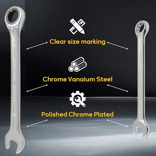 14mm Ratcheting Wrench 2 Pcs 72-Tooth 12-Point Chrome Plated | Forged 45# Carbon Steel Durable, 5-Degree Arc For Tight Spaces, 12-Point Protects Fasteners, Polished Chrome Anti-Rust - size: 14mm