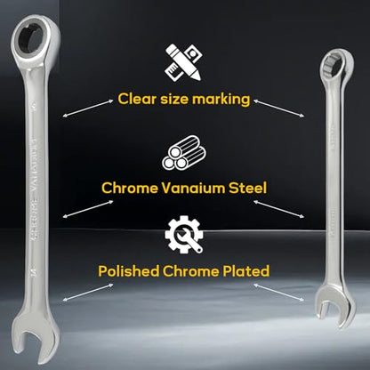 14mm Ratcheting Wrench 2 Pcs 72-Tooth 12-Point Chrome Plated | Forged 45# Carbon Steel Durable, 5-Degree Arc For Tight Spaces, 12-Point Protects Fasteners, Polished Chrome Anti-Rust - size: 14mm
