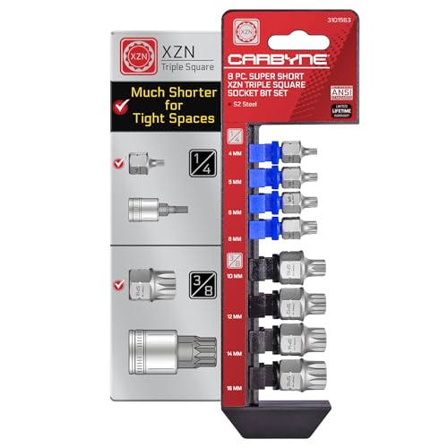 CARBYNE 8-Piece XZN Triple Square Stubby Low Profile Bit Socket Set, 4mm to 16mm, 12 Point Spline, S2 Steel, Dual Drive Internal Square and External Hex for Tight Confined Spaces - size: XZN Triple Square