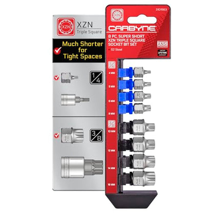 CARBYNE 8-Piece XZN Triple Square Stubby Low Profile Bit Socket Set, 4mm to 16mm, 12 Point Spline, S2 Steel, Dual Drive Internal Square and External Hex for Tight Confined Spaces - size: XZN Triple Square
