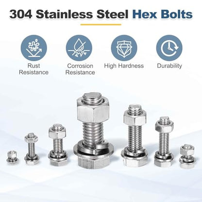 MECCANIXITY M8 x 190mm 304 Stainless Steel Hex Head Screws Bolts, Nuts, Flat & Lock Washers Assortment Kit, Fully Threaded, Bright Finish for Home, Electronic, Machine, 2 Sets - size: M8 x 190mm