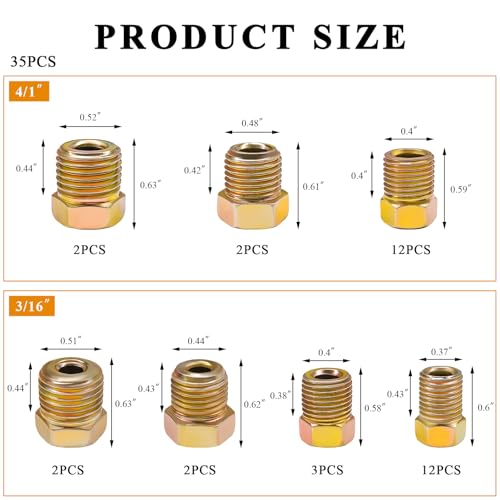 10 PCS Brake Line Fitting Kit, Rustproof Brass Inverted Flares Nuts for 3/16" Brake Line Tube, 3/8-24 UNF Inverted Flare Fittings Assortment for Vehicle Brake System Repair (35 PCS)