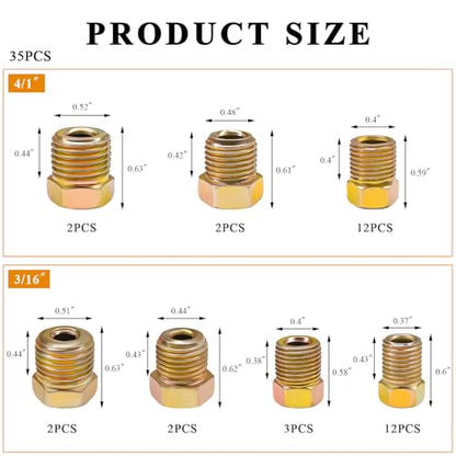 10 PCS Brake Line Fitting Kit, Rustproof Brass Inverted Flares Nuts for 3/16" Brake Line Tube, 3/8-24 UNF Inverted Flare Fittings Assortment for Vehicle Brake System Repair (35 PCS)