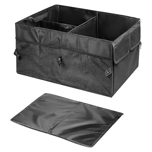 Car Trunk Organizer, Collapsible Multi Compartment Vehicle Storage Box, Waterproof Adjustable Automotive Organization Container Accessories for Women Men, Universal for SUV, Car, Truck (Black)