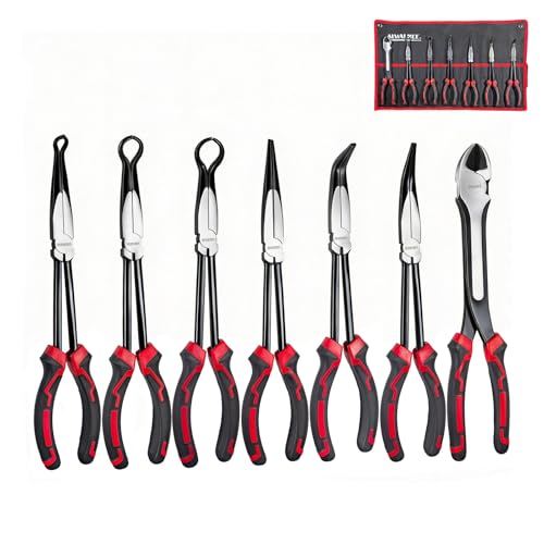 7-Piece 11" Long Reach Needle Nose Pliers Set | 7-Piece 11" long reach needle nose pliers set with 58HRC carbon steel, hose grippers, and case for tight engine spaces.