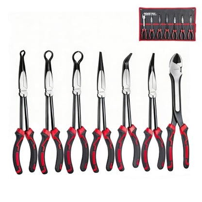 7-Piece 11" Long Reach Needle Nose Pliers Set | 7-Piece 11" long reach needle nose pliers set with 58HRC carbon steel, hose grippers, and case for tight engine spaces.