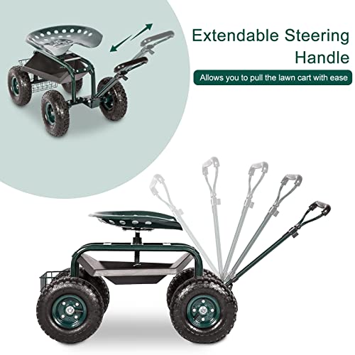 Kinfant Rolling Garden Cart Scooter Stool - Garden Cart with Wheels & Seat Rolling Stool Gardening Cart, Adjustable Handle 360 Degree Swivel (Green) - color: Dark Green