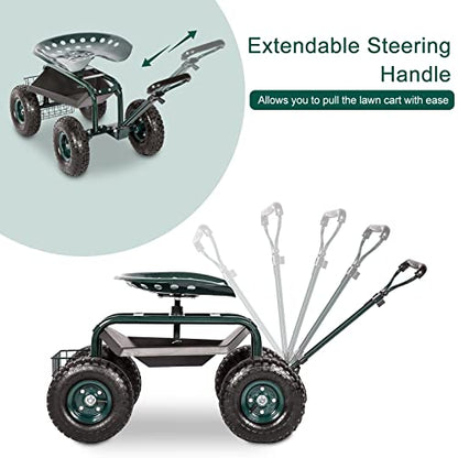 Kinfant Rolling Garden Cart Scooter Stool - Garden Cart with Wheels & Seat Rolling Stool Gardening Cart, Adjustable Handle 360 Degree Swivel (Green) - color: Dark Green