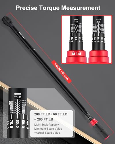 1 Inch Torque Wrench 200-1400 FT-Lb – 24-Tooth Reversible Ratchet, ±3% Accuracy, Cr-V Steel, Dual Scale (Ft-Lb/Nm), 55" Length Heavy Duty Torque Wrench for Trucks, Trailers & Heavy Equipment - style: 1" 200-1400 FT.LB Torque Wrench