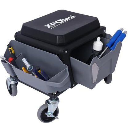 Mechanic Stool Seat Chair with Wheels, Heavy Duty Rolling Garage Stool with Soft Rubber Cushion Seating and Drawer, 330 LBS Capacity, Rolling Tool Seat for Shop, Auto Repair (Gray) - color: Grey